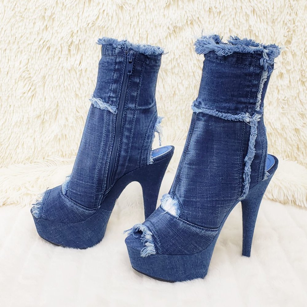 Stretch Denim Frayed Trim Ankle Boots 6" Heels_8